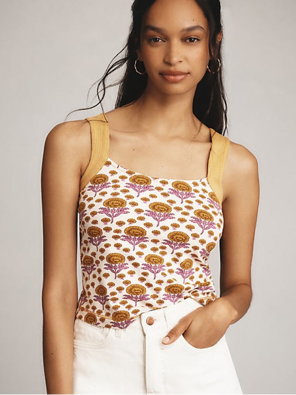 Anthropologie Maeve Floral Square-Neck Tank Boho Cottagecore Festival Bohemian M